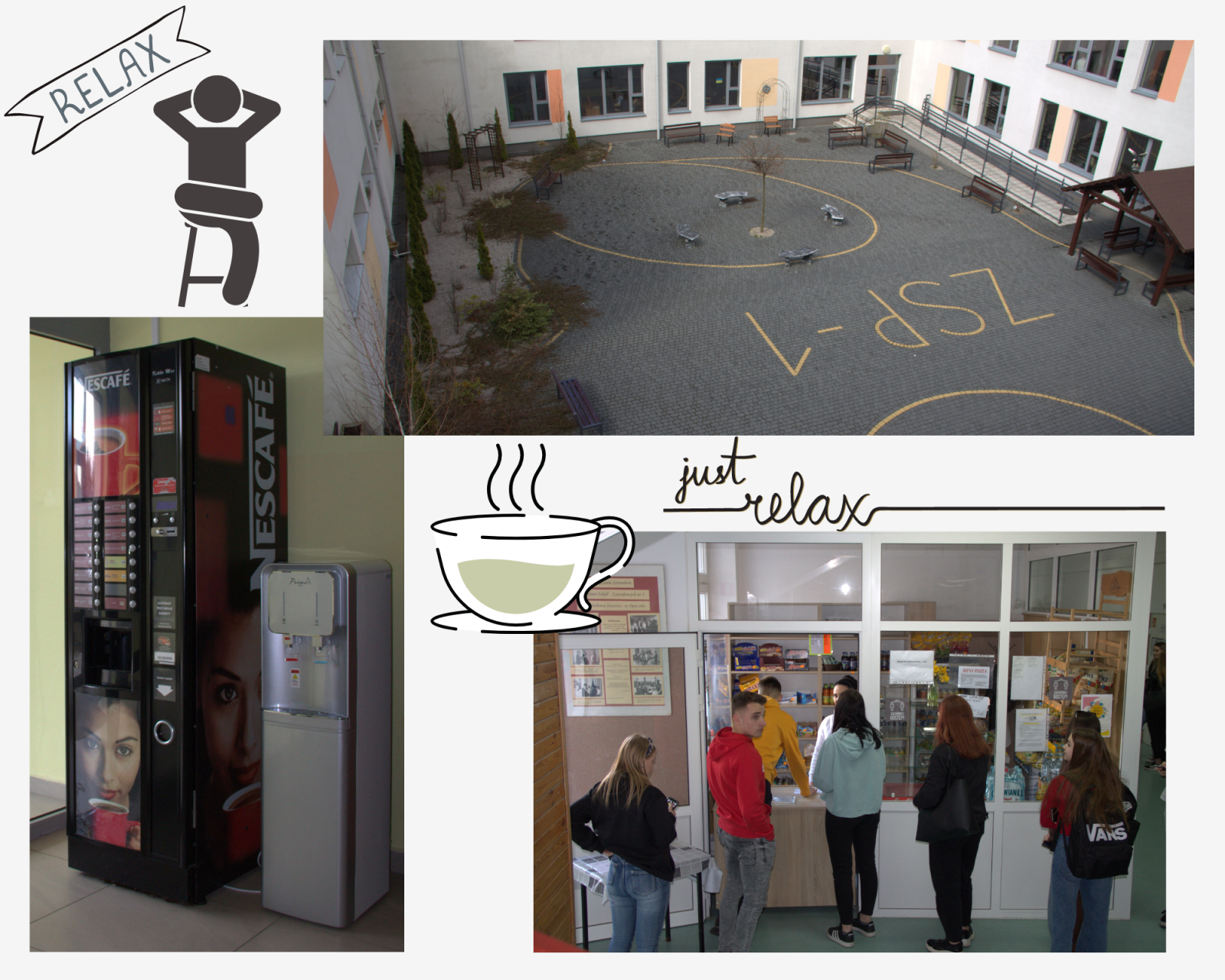 Kolaż zdjęć przedstawiający patio, sklepik, automaty do napojów