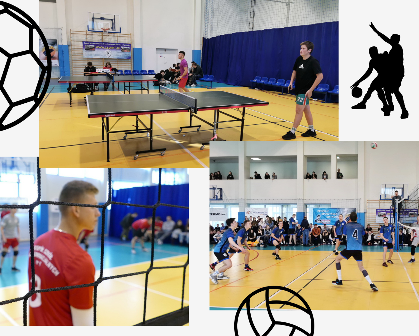 Kolaż zdjęć przedstawiający rozgrywki sportowe