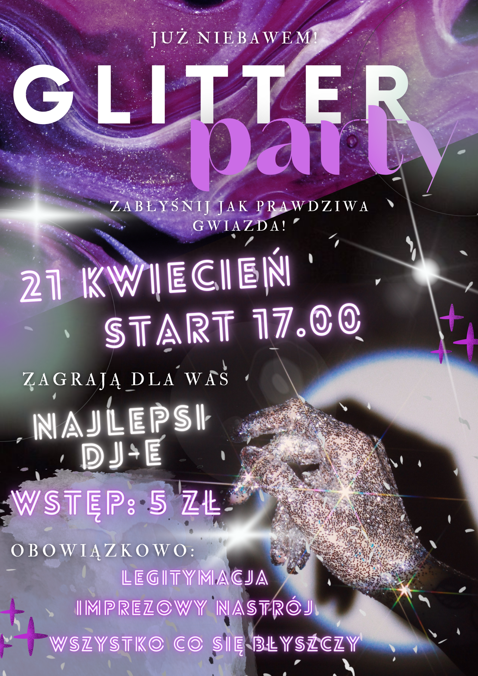 Plakat informacyjny o dyskotece GLITTER PARTY w ZSP dnia 21 kwietnia o godzinie 17:00