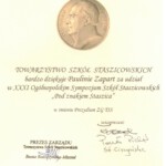 Skan podziękowania dla Pani Pauliny Zapart za udział w XXXI Ogólnopolskim Sympozjum Szkół Staszicowskich "Pod znakiem Staszica"