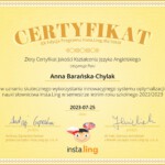 "Certyfikat XX Edycji Programu Insta.Ling dla Szkół" dla Anny Barańskiej-Chylak