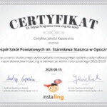 "Certyfikat XX Edycji Programu Insta.Ling dla Szkół" dla Zespołu Szkół Powiatowych im. Stanisława Staszica w Opocznie
